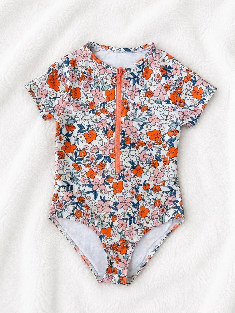 Cupshe Girls' Floral Zip-Front One-Piece Swimsuit - Pink & Orange